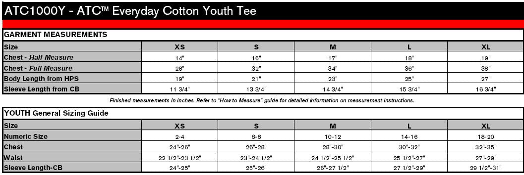 ATC1000Y - ATC Everyday Cotton Youth Tee Sizing Chart