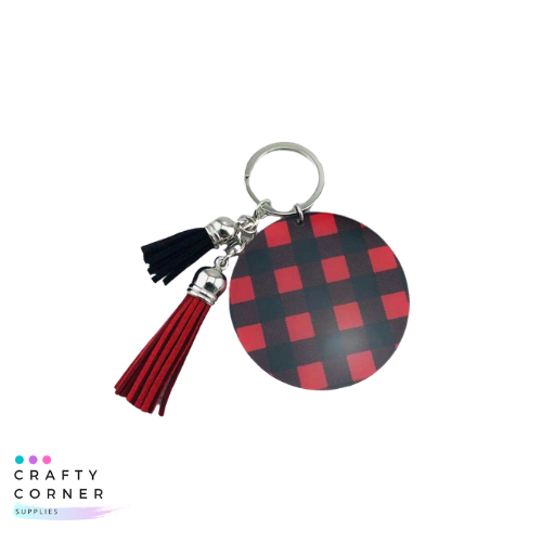 Red and black acrylic buffalo plaid keychain with two matching tassles