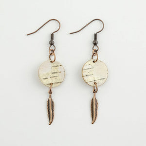 Birch Bark Earrings with Metal Feather